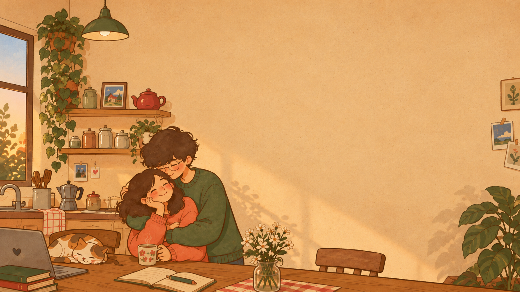 Dos personas juntas en una cocina cálida, abrazadas junto a la mesa.